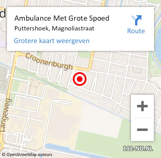 Locatie op kaart van de 112 melding: Ambulance Met Grote Spoed Naar Puttershoek, Magnoliastraat op 26 mei 2022 13:29