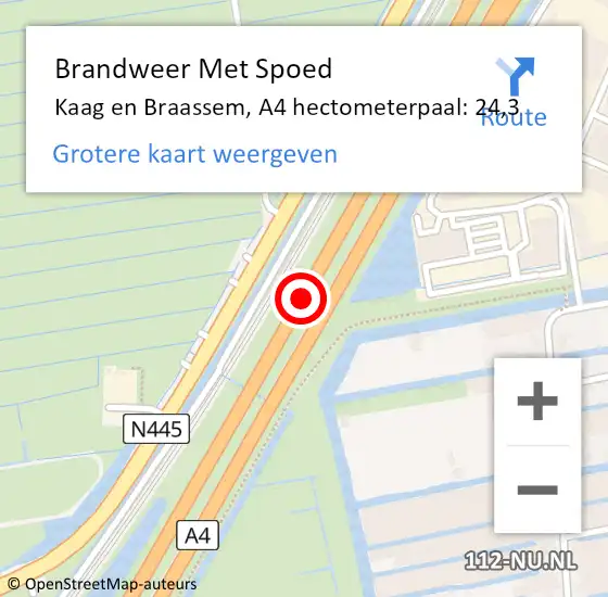 Locatie op kaart van de 112 melding: Brandweer Met Spoed Naar Kaag en Braassem, A4 hectometerpaal: 24,3 op 26 mei 2022 16:23