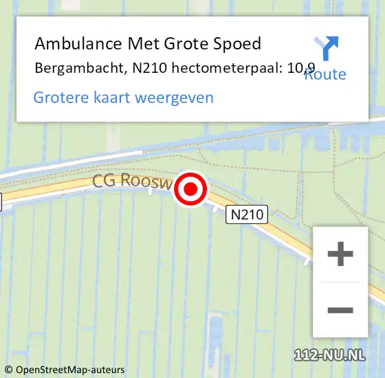 Locatie op kaart van de 112 melding: Ambulance Met Grote Spoed Naar Bergambacht, N210 hectometerpaal: 10,9 op 26 mei 2022 17:33