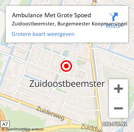 Locatie op kaart van de 112 melding: Ambulance Met Grote Spoed Naar Zuidoostbeemster, Burgemeester Koopmansingel op 26 mei 2022 19:12