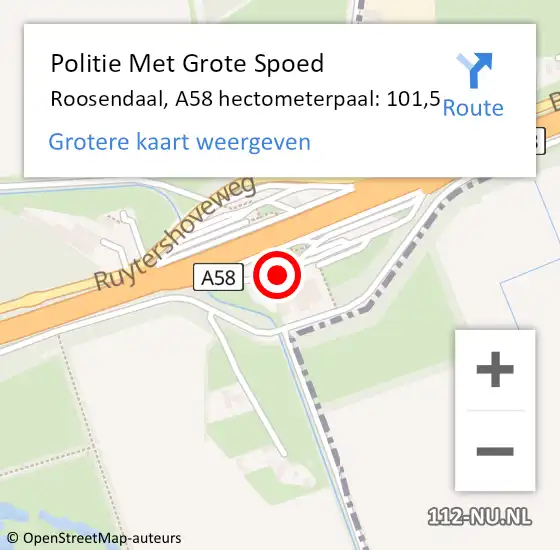 Locatie op kaart van de 112 melding: Politie Met Grote Spoed Naar Roosendaal, A58 hectometerpaal: 101,5 op 26 mei 2022 19:49