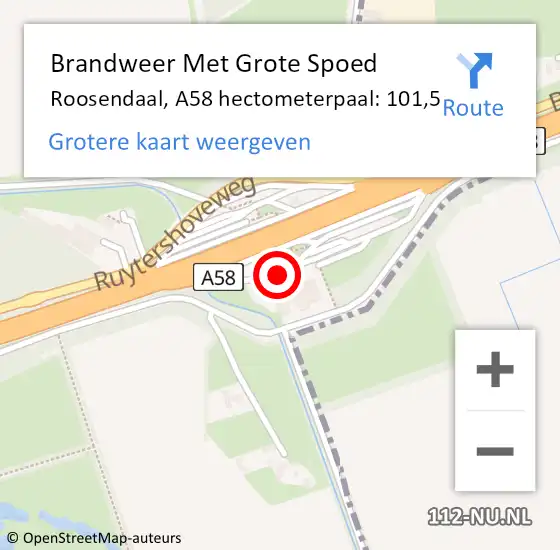 Locatie op kaart van de 112 melding: Brandweer Met Grote Spoed Naar Roosendaal, A58 hectometerpaal: 101,5 op 26 mei 2022 19:49