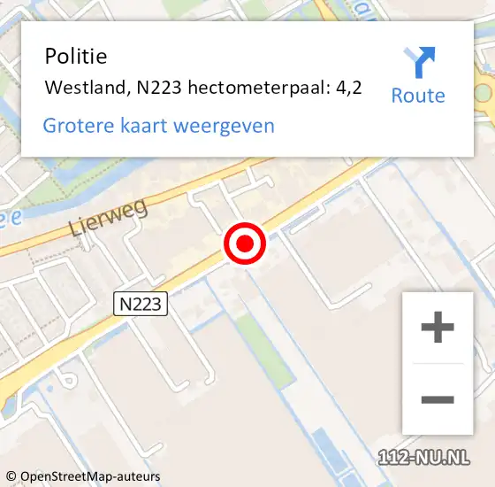 Locatie op kaart van de 112 melding: Politie Westland, N223 hectometerpaal: 4,2 op 26 mei 2022 20:10