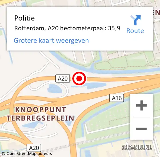 Locatie op kaart van de 112 melding: Politie Rotterdam, A20 hectometerpaal: 35,9 op 27 mei 2022 04:23