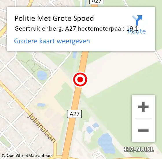 Locatie op kaart van de 112 melding: Politie Met Grote Spoed Naar Geertruidenberg, A27 hectometerpaal: 19,1 op 27 mei 2022 05:27