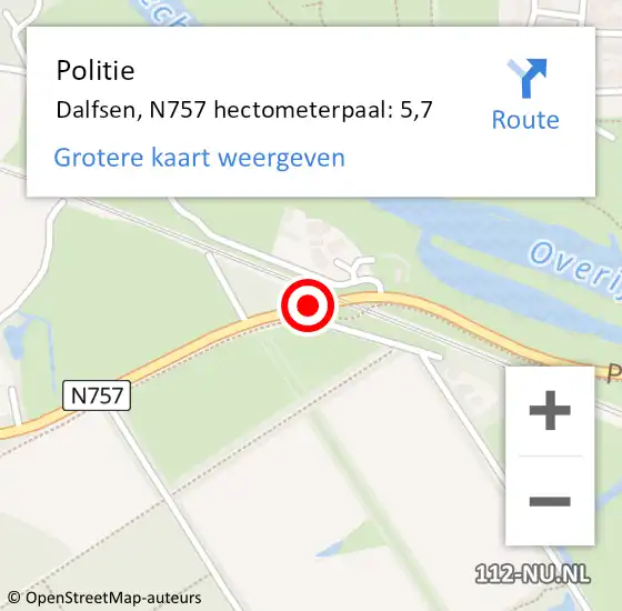 Locatie op kaart van de 112 melding: Politie Dalfsen, N757 hectometerpaal: 5,7 op 27 mei 2022 08:00