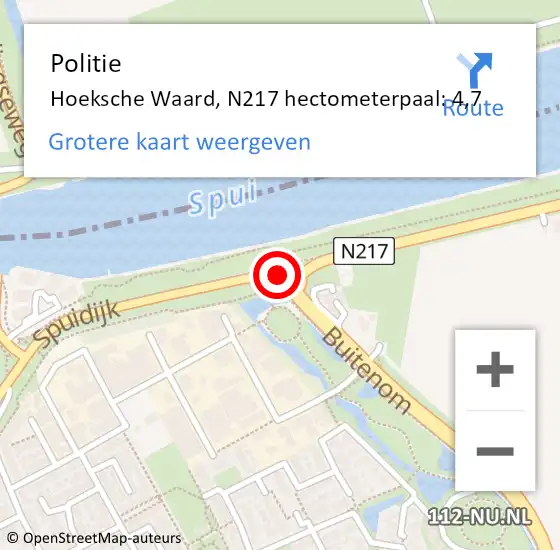 Locatie op kaart van de 112 melding: Politie Hoeksche Waard, N217 hectometerpaal: 4,7 op 27 mei 2022 08:58