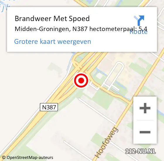 Locatie op kaart van de 112 melding: Brandweer Met Spoed Naar Midden-Groningen, N387 hectometerpaal: 5,4 op 27 mei 2022 09:34