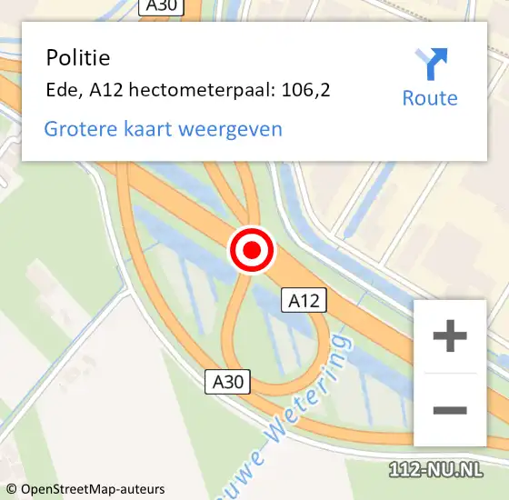 Locatie op kaart van de 112 melding: Politie Heumen, A12 hectometerpaal: 106,2 op 27 mei 2022 10:26