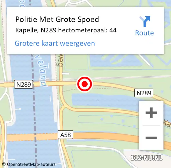 Locatie op kaart van de 112 melding: Politie Met Grote Spoed Naar Kapelle, N289 hectometerpaal: 44 op 27 mei 2022 11:06