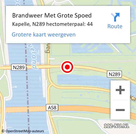 Locatie op kaart van de 112 melding: Brandweer Met Grote Spoed Naar Kapelle, N289 hectometerpaal: 44 op 27 mei 2022 11:07