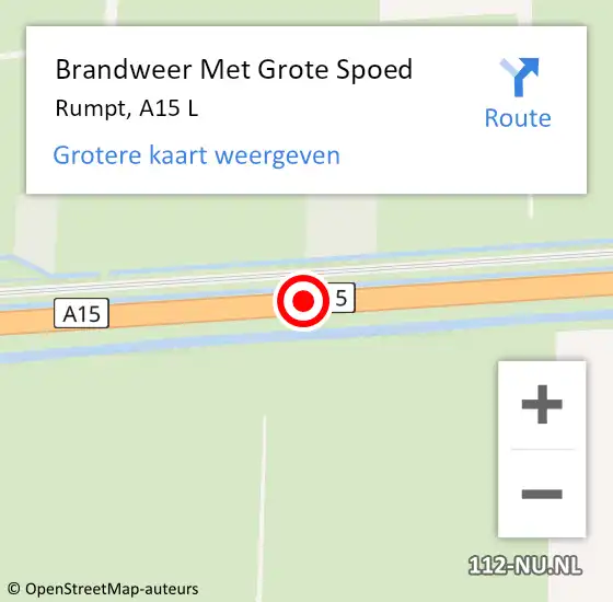 Locatie op kaart van de 112 melding: Brandweer Met Grote Spoed Naar Rumpt, A15 R hectometerpaal: 112,0 op 18 juli 2014 14:04