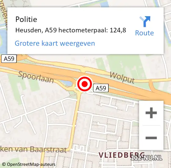 Locatie op kaart van de 112 melding: Politie Heusden, A59 hectometerpaal: 124,8 op 27 mei 2022 12:34