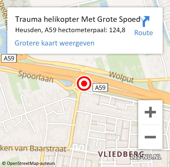 Locatie op kaart van de 112 melding: Trauma helikopter Met Grote Spoed Naar Heusden, A59 hectometerpaal: 124,8 op 27 mei 2022 12:37
