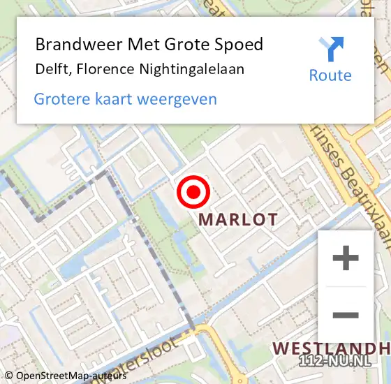 Locatie op kaart van de 112 melding: Brandweer Met Grote Spoed Naar Delft, Florence Nightingalelaan op 27 mei 2022 13:45