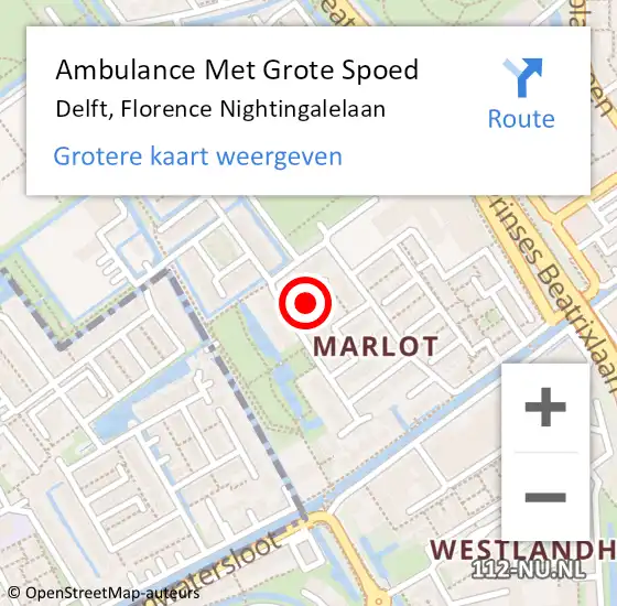 Locatie op kaart van de 112 melding: Ambulance Met Grote Spoed Naar Delft, Florence Nightingalelaan op 27 mei 2022 13:53