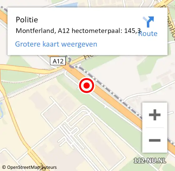 Locatie op kaart van de 112 melding: Politie Montferland, A12 hectometerpaal: 145,3 op 27 mei 2022 14:41