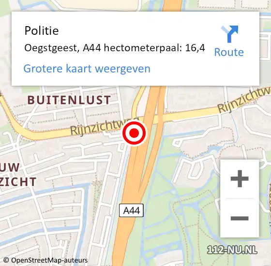 Locatie op kaart van de 112 melding: Politie Oegstgeest, A44 hectometerpaal: 16,4 op 27 mei 2022 14:48