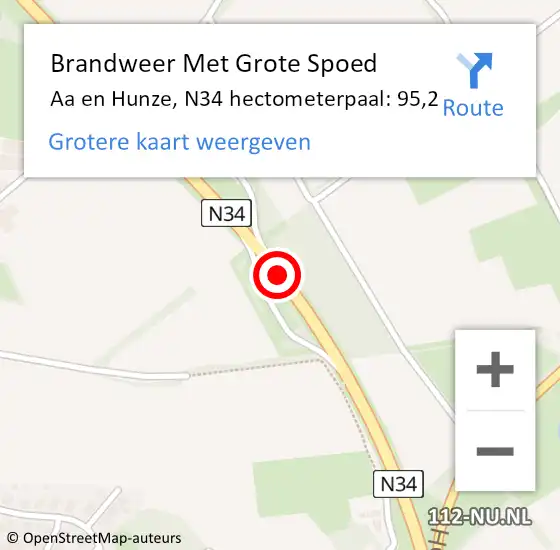 Locatie op kaart van de 112 melding: Brandweer Met Grote Spoed Naar Aa en Hunze, N34 hectometerpaal: 95,2 op 27 mei 2022 16:16