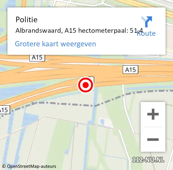 Locatie op kaart van de 112 melding: Politie Albrandswaard, A15 hectometerpaal: 51,4 op 27 mei 2022 16:18