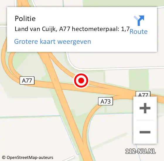 Locatie op kaart van de 112 melding: Politie Land van Cuijk, A77 hectometerpaal: 1,7 op 27 mei 2022 17:04