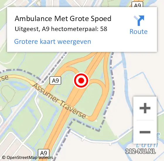 Locatie op kaart van de 112 melding: Ambulance Met Grote Spoed Naar Uitgeest, A9 hectometerpaal: 58 op 27 mei 2022 17:38