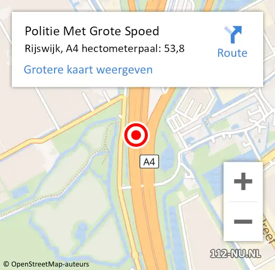 Locatie op kaart van de 112 melding: Politie Met Grote Spoed Naar Rijswijk, A4 hectometerpaal: 53,8 op 27 mei 2022 19:03