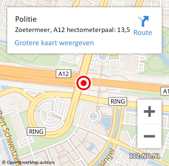 Locatie op kaart van de 112 melding: Politie Zoetermeer, A12 hectometerpaal: 13,5 op 27 mei 2022 19:20