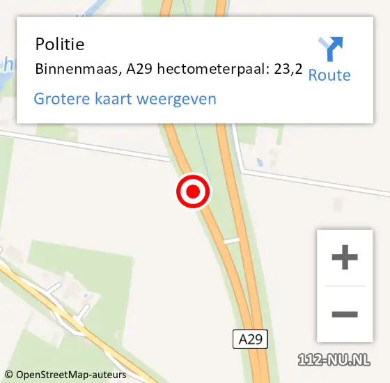 Locatie op kaart van de 112 melding: Politie Binnenmaas, A29 hectometerpaal: 23,2 op 27 mei 2022 19:43