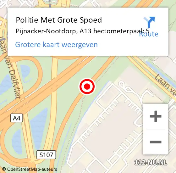 Locatie op kaart van de 112 melding: Politie Met Grote Spoed Naar Den Haag, A13 hectometerpaal: 5 op 27 mei 2022 20:55