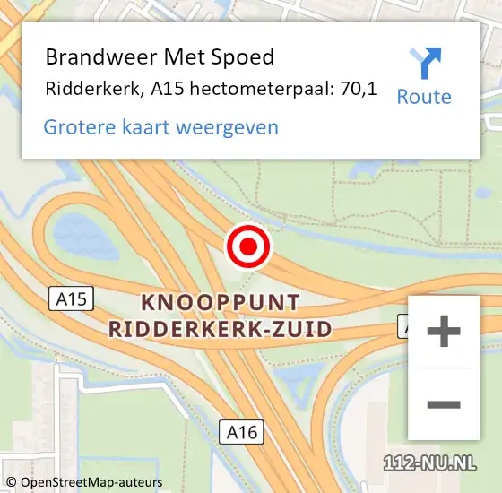 Locatie op kaart van de 112 melding: Brandweer Met Spoed Naar Ridderkerk, A15 hectometerpaal: 70,1 op 27 mei 2022 21:19