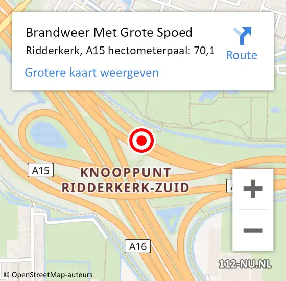 Locatie op kaart van de 112 melding: Brandweer Met Grote Spoed Naar Ridderkerk, A15 hectometerpaal: 70,1 op 27 mei 2022 21:43