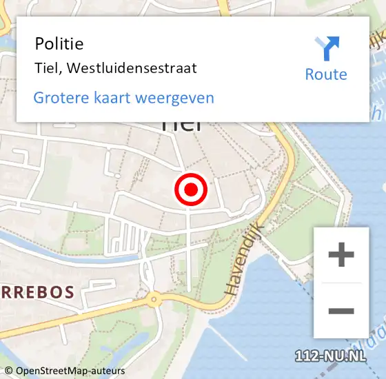 Locatie op kaart van de 112 melding: Politie Tiel, Westluidensestraat op 27 mei 2022 21:47