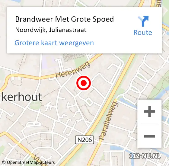 Locatie op kaart van de 112 melding: Brandweer Met Grote Spoed Naar Noordwijk, Julianastraat op 27 mei 2022 22:14