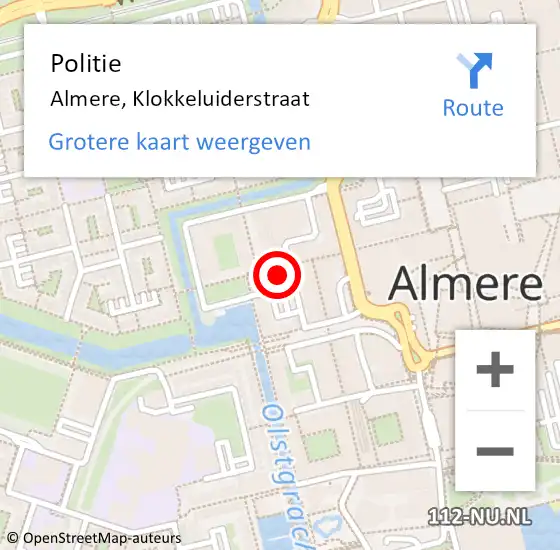 Locatie op kaart van de 112 melding: Politie Almere, Klokkeluiderstraat op 28 mei 2022 01:11