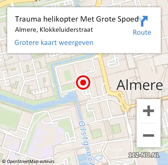 Locatie op kaart van de 112 melding: Trauma helikopter Met Grote Spoed Naar Almere, Klokkeluiderstraat op 28 mei 2022 01:15