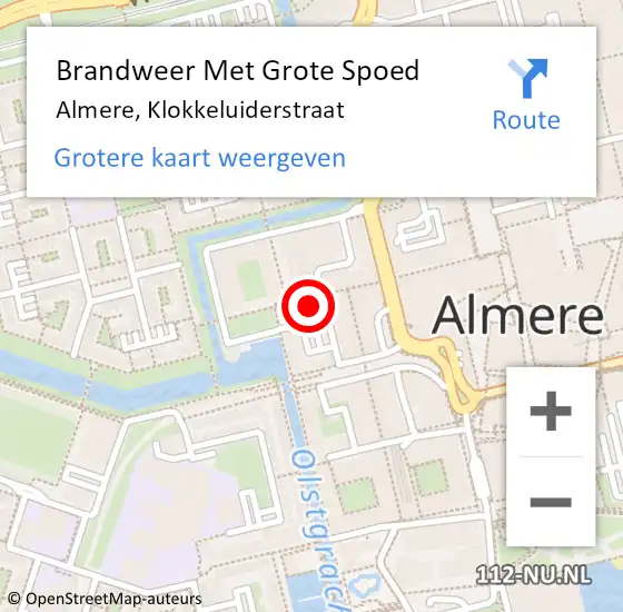 Locatie op kaart van de 112 melding: Brandweer Met Grote Spoed Naar Almere, Klokkeluiderstraat op 28 mei 2022 01:24