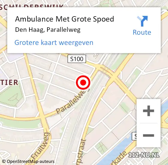 Locatie op kaart van de 112 melding: Ambulance Met Grote Spoed Naar Den Haag, Parallelweg op 28 mei 2022 01:35