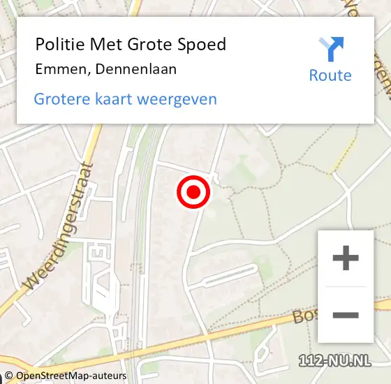 Locatie op kaart van de 112 melding: Politie Met Grote Spoed Naar Emmen, Dennenlaan op 28 mei 2022 01:48