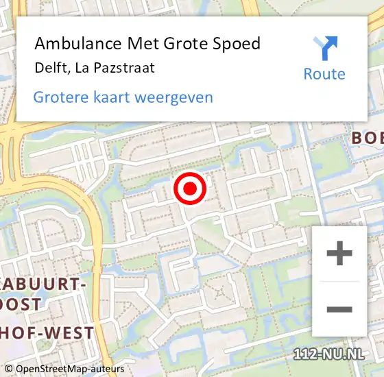 Locatie op kaart van de 112 melding: Ambulance Met Grote Spoed Naar Delft, La Pazstraat op 28 mei 2022 07:16