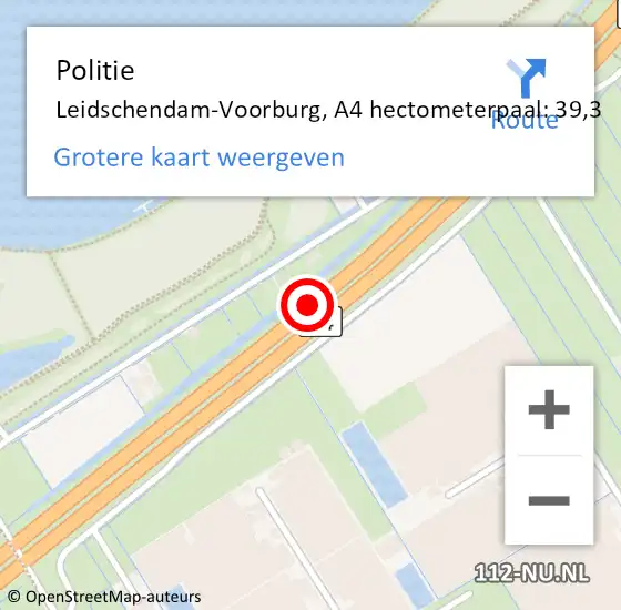 Locatie op kaart van de 112 melding: Politie Leidschendam-Voorburg, A4 hectometerpaal: 39,3 op 28 mei 2022 07:58