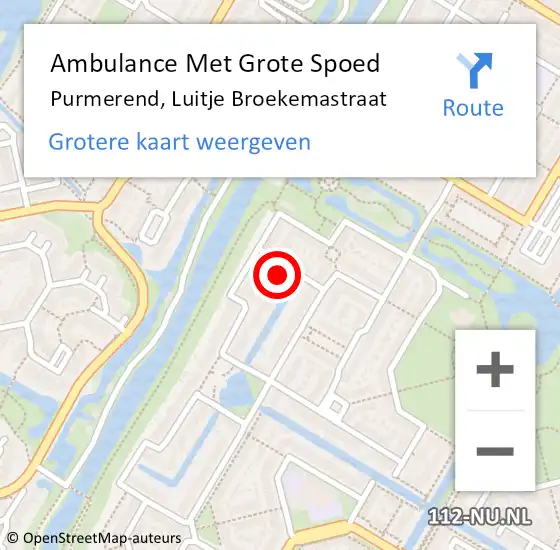 Locatie op kaart van de 112 melding: Ambulance Met Grote Spoed Naar Purmerend, Luitje Broekemastraat op 28 mei 2022 08:05