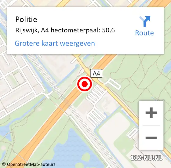 Locatie op kaart van de 112 melding: Politie Rijswijk, A4 hectometerpaal: 50,6 op 28 mei 2022 08:29