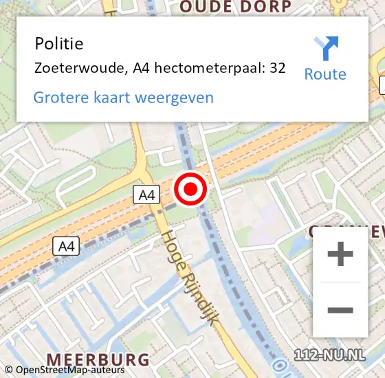 Locatie op kaart van de 112 melding: Politie Zoeterwoude, A4 hectometerpaal: 32 op 28 mei 2022 09:04