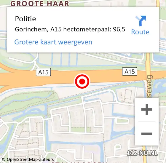 Locatie op kaart van de 112 melding: Politie Gorinchem, A15 hectometerpaal: 96,5 op 28 mei 2022 09:27
