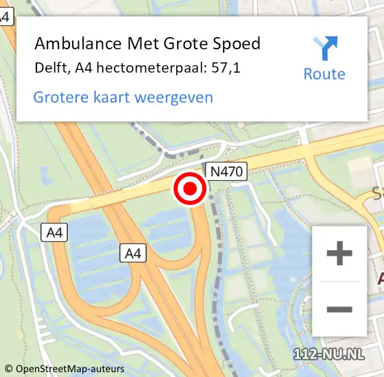 Locatie op kaart van de 112 melding: Ambulance Met Grote Spoed Naar Delft, A4 hectometerpaal: 57,1 op 28 mei 2022 11:53