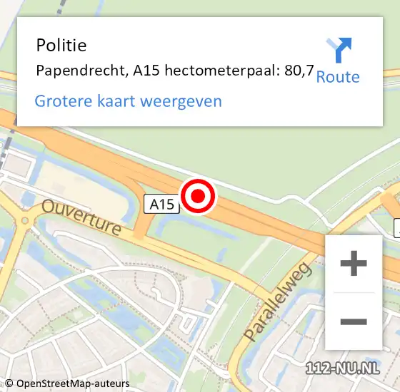 Locatie op kaart van de 112 melding: Politie Papendrecht, A15 hectometerpaal: 80,7 op 28 mei 2022 12:05