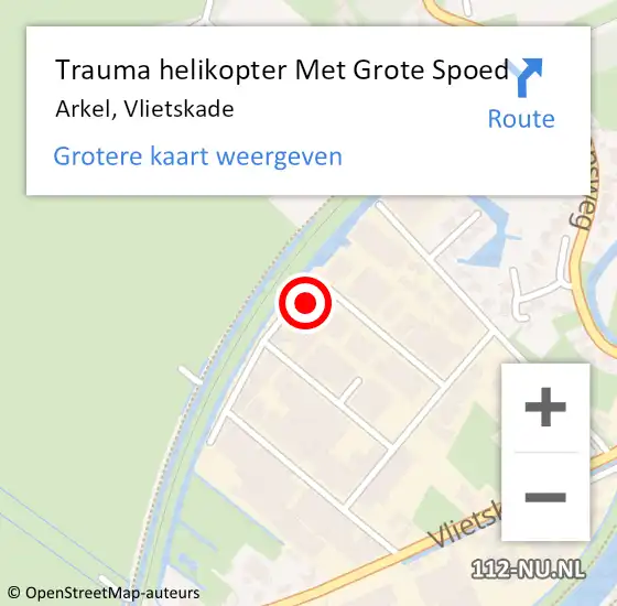Locatie op kaart van de 112 melding: Trauma helikopter Met Grote Spoed Naar Arkel, Vlietskade op 28 mei 2022 12:44
