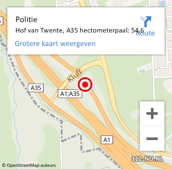 Locatie op kaart van de 112 melding: Politie Hof van Twente, A35 hectometerpaal: 54,6 op 28 mei 2022 16:11