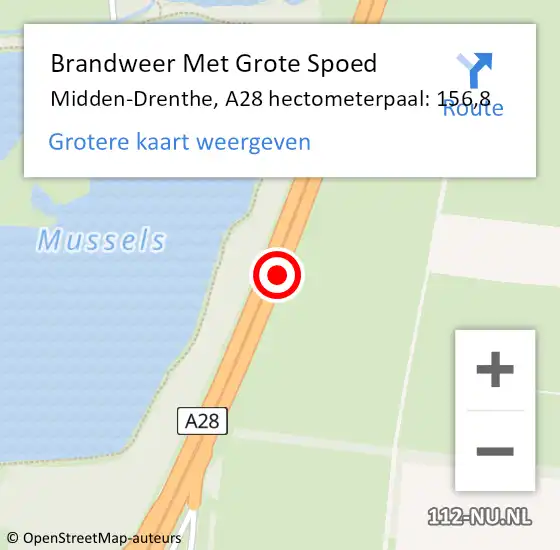Locatie op kaart van de 112 melding: Brandweer Met Grote Spoed Naar Midden-Drenthe, A28 hectometerpaal: 156,8 op 28 mei 2022 16:30
